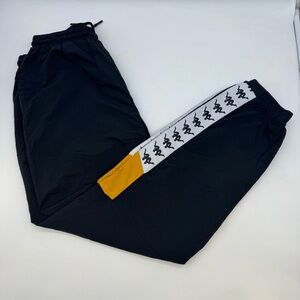 Kappa Mens Track Pants Large Black Yellow Nylon Logo Tape Windbreaker